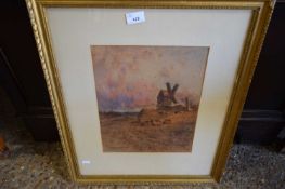 J. LAURENCE HART STUDY OF A WINDMILL WITH COWS, WATERCOLOUR, GILT FRAMED AND GLAZED