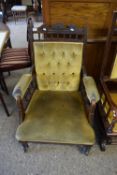 LATE VICTORIAN YELLOW UPHOLSTERED BUTTON BACK ARMCHAIR