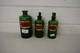 THREE VINTAGE GREEN GLASS CHEMISTS BOTTLES