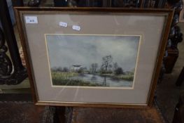 K J WALTON STUDY OF A RIVER SCENE WITH MILL WATER COLOUR FRAMED AND GLAZED