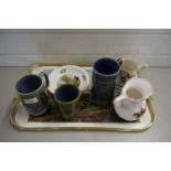 MIXED LOT : GALLERIED SERVING TRAY CONTAINING VARIOUS TANKARDS, MUGS ETC DECORATED WITH HUNTING