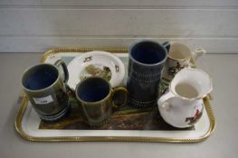 MIXED LOT : GALLERIED SERVING TRAY CONTAINING VARIOUS TANKARDS, MUGS ETC DECORATED WITH HUNTING