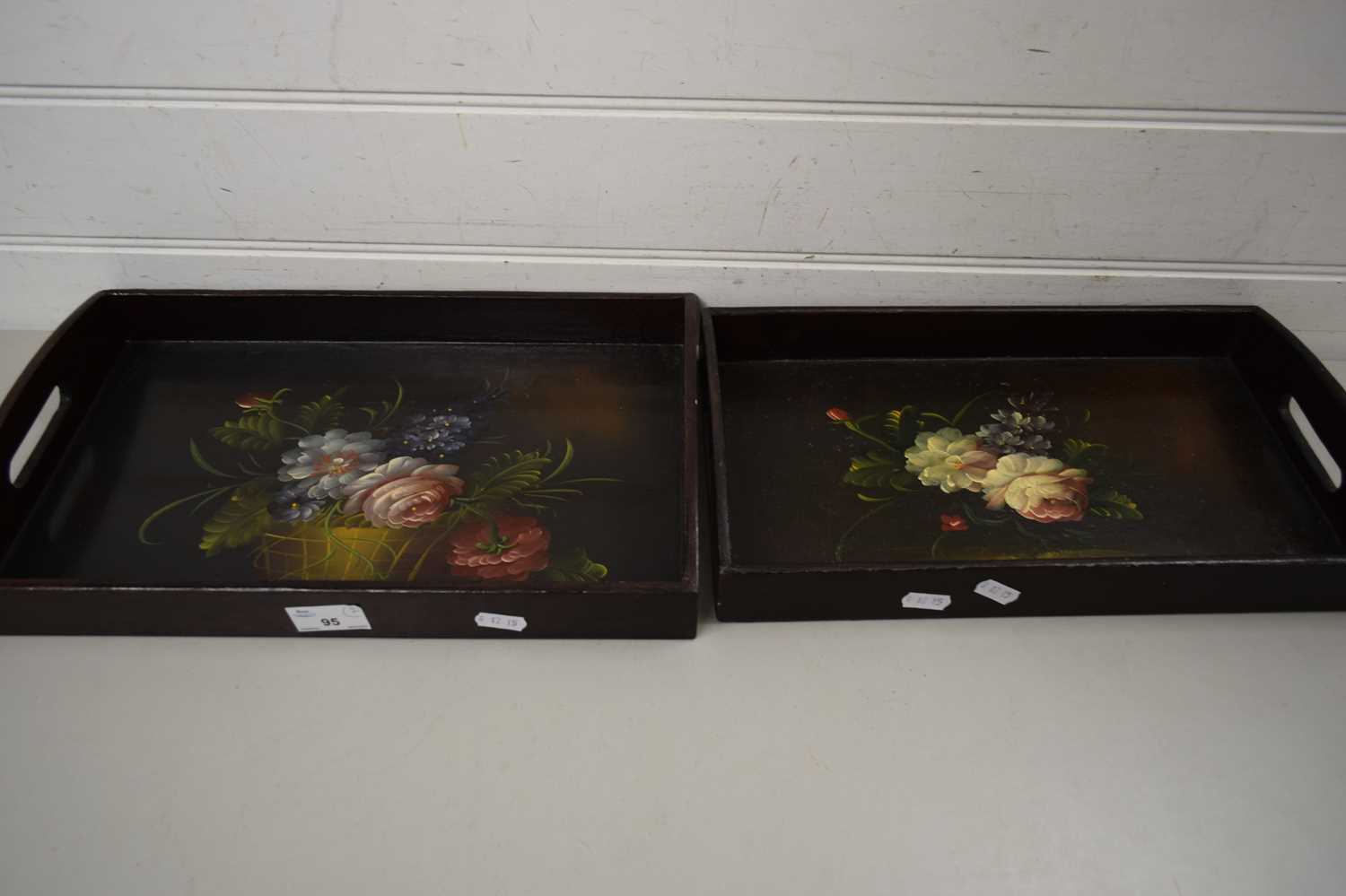 TWO SMALL WOODEN TRAYS WITH FLORAL DECORATED DETAIL