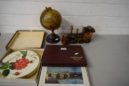 MIXED LOT - MODERN MINIATURE GLOBE, WOODEN MODEL OF A TRAIN AND TWO BOXES OF PLACE MATS