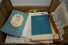 BOX CONTAINING VARIOUS P&O CRUISE EPHEMERA, MATCHBOXES, CUNARD LINES PASSENGER LISTS ETC