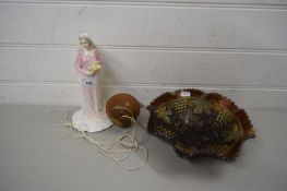 ROYAL DOULTON FIGURINE 'THE BRIDE' (WITH HAIRLINE CRACKS) TOGETHER WITH A CARNIVAL GLASS BOWL