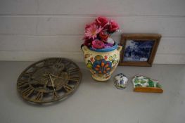 MIXED LOT : OWL DECORATED WALL CLOCK, FRAMED TILE, WALL MOUNTED VASE AND OTHER ITEMS