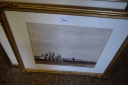 HELEN TILLETT STUDY OF HEAVY HORSES PLOUGHING WATER COLOUR, GILT FRAMED AND GLAZED TOGETHER WITH A