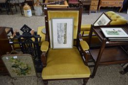 LATE VICTORIAN YELLOW UPHOLSTERED BUTTON BACK ARMCHAIR