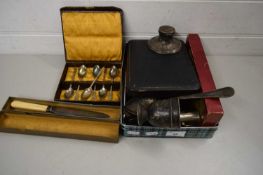 BOX OF SILVER PLATED CUTLERY, INK WELL AND OTHER ITEMS