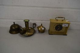 MIXED LOT: BRASS COUNTER BELL, CHAMBER STICK, SMALL MANTEL CLOCK ETC