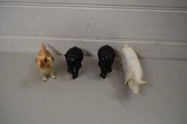 MIXED LOT COMPRISING A BESWICK MODEL PIG, TWO EBONY ELEPHANTS AND A FURTHER MODEL DOG