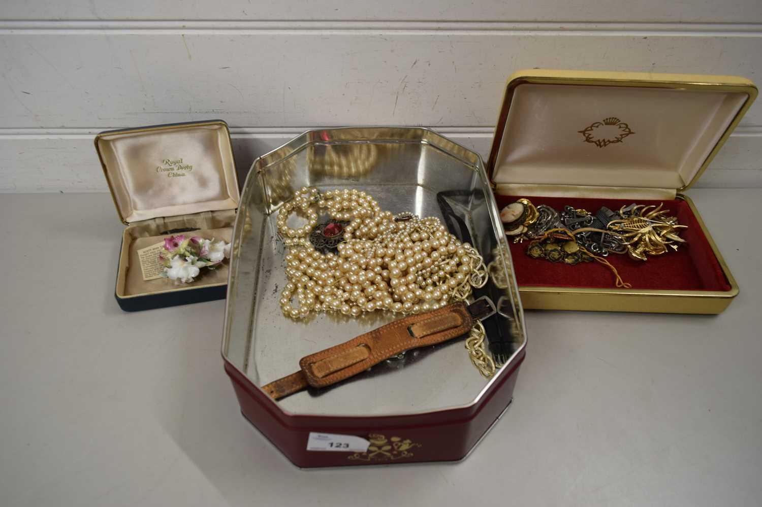BOX VARIOUS COSTUME JEWELLERY, PEARL NECKLACES, WATCHES ETC
