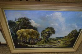 20TH CENTURY SCHOOL STUDY OF A HAY CART ON A COUNTRY LANE, OIL ON CANVAS