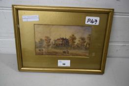 19TH CENTURY SCHOOL, SMALL WATERCOLOUR STUDY OF A COUNTRY HOUSE, INDISTINCTLY MARKED TO REVERSE,