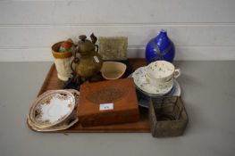 TRAY OF MIXED WARES TO INCLUDE STAFFORDSHIRE TEA WARES, STUDIO POTTERY VASE, INDIAN DOUBLE HANDLED