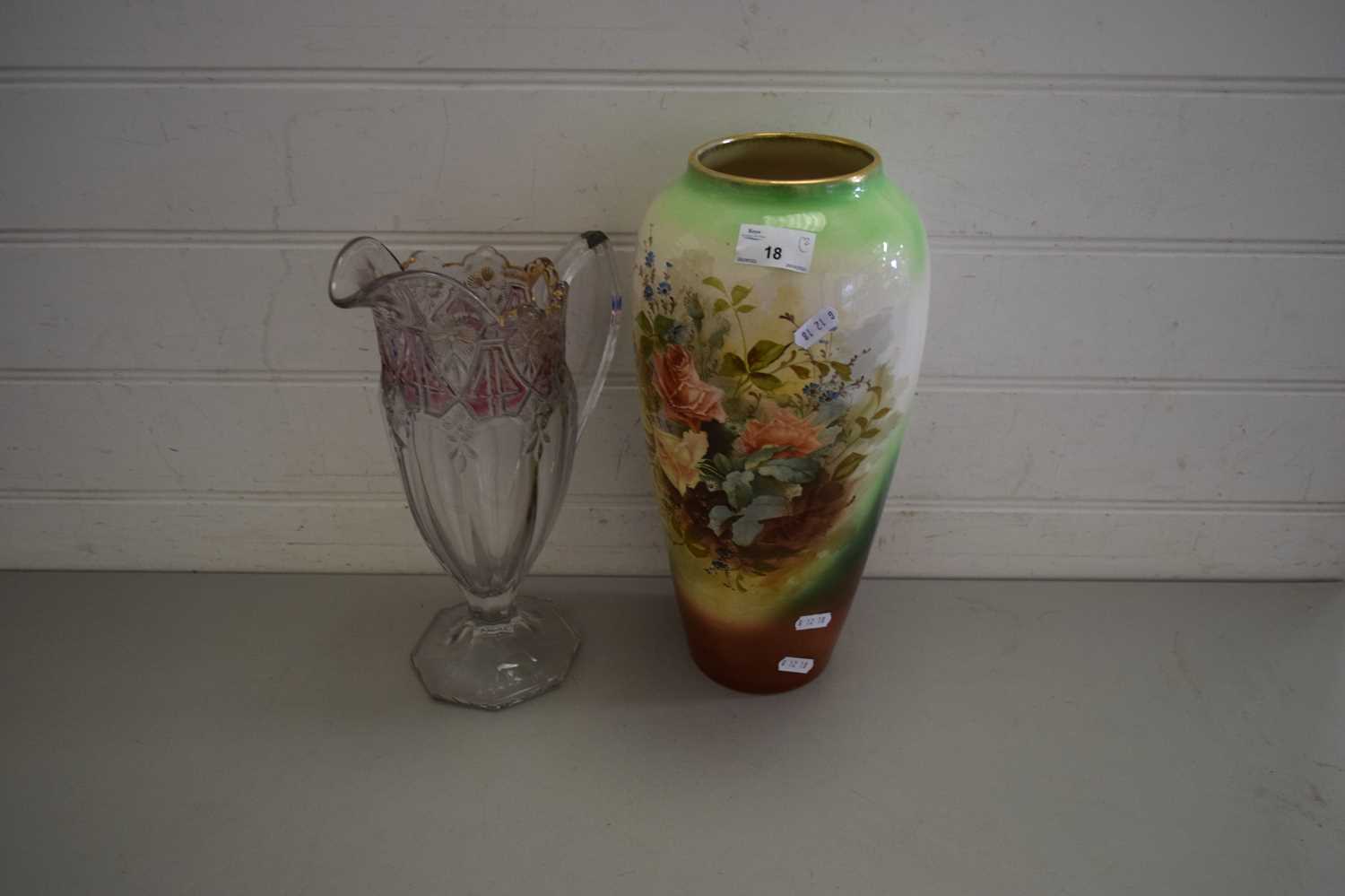 FLORAL DECORATED VASE AND A FURTHER LARGE GLASS JUG