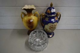 MODERN ORIENTAL GILT DECORATED VASE TOGETHER WITH FURTHER DOUBLE HANDLED VASE AND TWO GLASS BOWLS