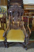 LATE VICTORIAN OAK FRAMED THRONE TYPE CHAIR WITH CARVED DETAIL