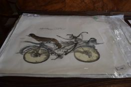 An unusual abstract print of a pushbike, giclee on card, inscribed in pencil and indistinctly