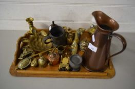 TRAY VARIOUS BRASS ORNAMENTS, COPPER JUG ETC