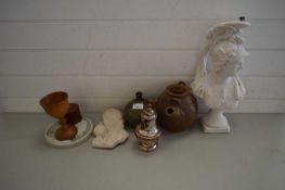 MIXED LOT COMPRISING STUDIO POTTERY KETTLE, SMALL STUDIO POTTERY VASE, COMPOSITION BUST OF A