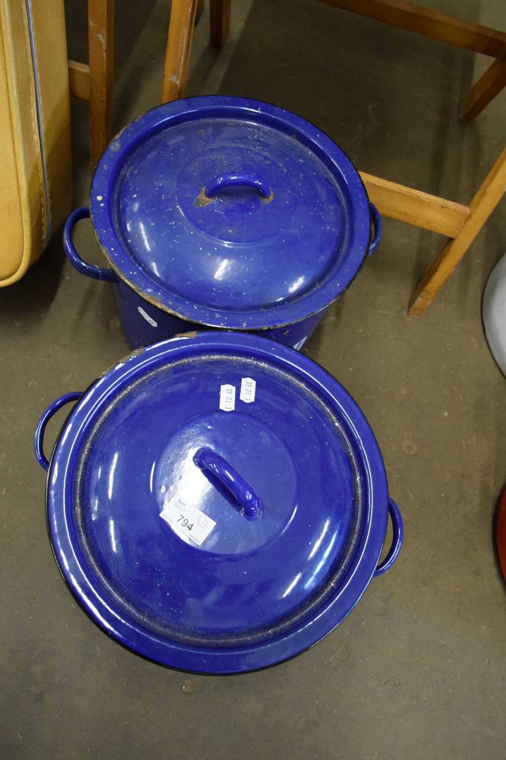 TWO BLUE ENAMEL BREAD BINS