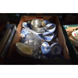ONE BOX VARIOUS CERAMICS TO INCLUDE RANGE OF BLUE AND WHITE SPODE BLUE ITALIAN AND OTHERS, PLUS