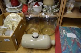 TWO GLASS DEMI-JOHNS AND A STONEWARE HOT WATER BOTTLE (3)