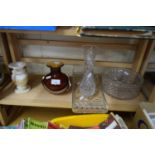 MIXED LOT: VARIOUS GLASS WARES, DRESSING TABLE TRAY, VASES, ALABASTER VASE