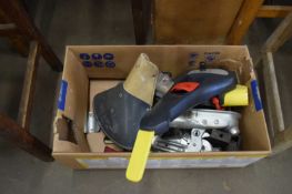 BOX OF MIXED ITEMS TO INCLUDE WHEEL LOCK, BIKE SEAT, TOW HITCH LOCKS ETC
