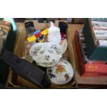 BOX OF MIXED CERAMICS, VICTORIAN CREAM GLAZED JUG, DECORATED PLATES, VEGETABLE DISH, WORCESTER