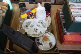 BOX OF MIXED CERAMICS, VICTORIAN CREAM GLAZED JUG, DECORATED PLATES, VEGETABLE DISH, WORCESTER