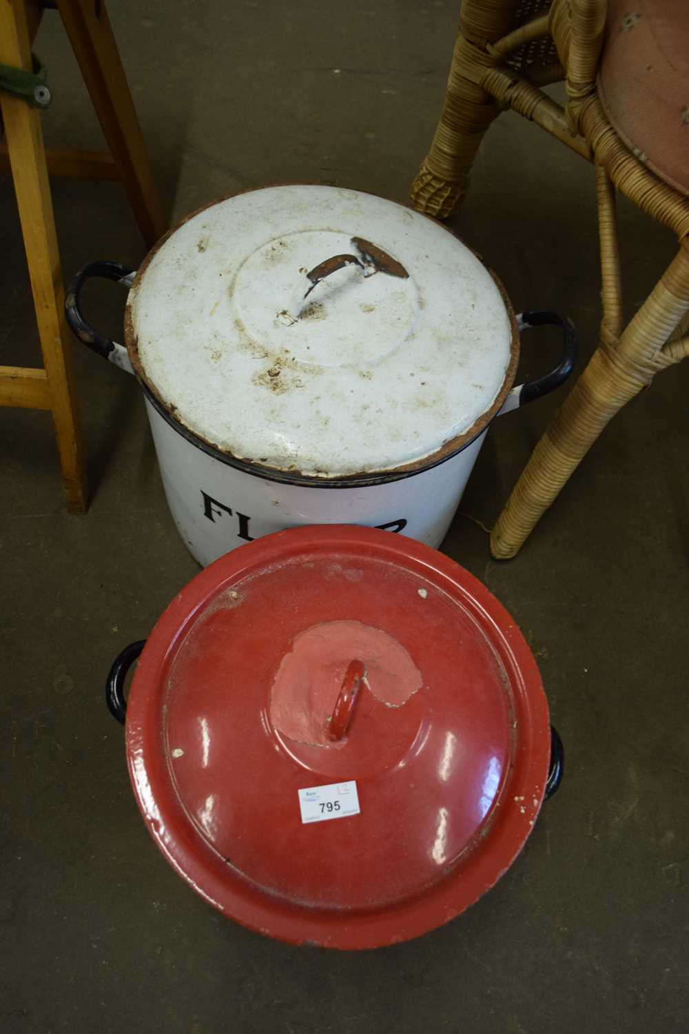 WHITE ENAMEL FLOUR BIN AND A RED ENAMEL BREAD BIN