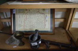MIXED LOT FRAMED MAP OF WEST NORFOLK, TOGETHER WITH GREENHOUSE SPRAYER, SMALL PESTLE AND MORTAR
