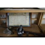 MIXED LOT FRAMED MAP OF WEST NORFOLK, TOGETHER WITH GREENHOUSE SPRAYER, SMALL PESTLE AND MORTAR