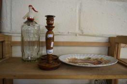MIXED LOT OF SODA SIPHON, PAIR OF OAK CANDLESTICKS AND A MEAT PLATE (4)