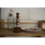 MIXED LOT OF SODA SIPHON, PAIR OF OAK CANDLESTICKS AND A MEAT PLATE (4)