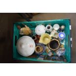 ONE BOX VARIOUS MIXED CERAMICS TO INCLUDE VASES, CANDLESTICKS, SUGAR SIFTER PLUS A FURTHER