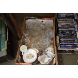 ONE BOX MIXED GLASS WARES, STAFFORDSHIRE TEA WARES, ROYALTY CERAMICS AND OTHER ITEMS