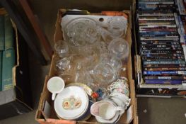 ONE BOX MIXED GLASS WARES, STAFFORDSHIRE TEA WARES, ROYALTY CERAMICS AND OTHER ITEMS