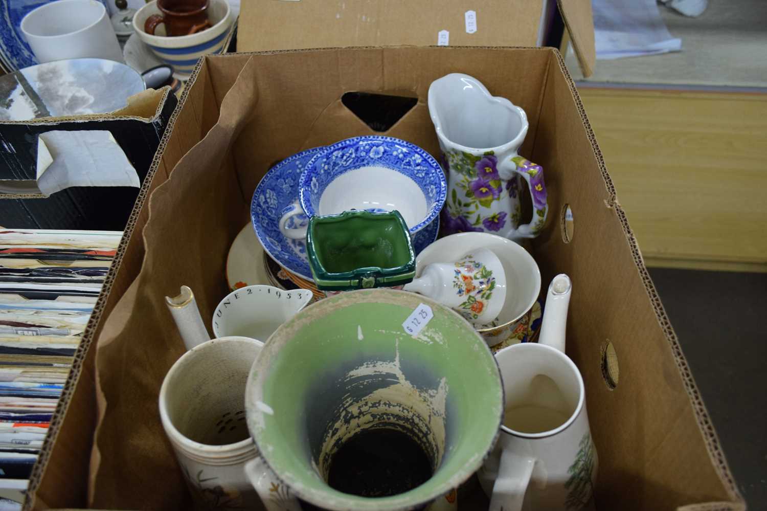 ONE BOX VARIOUS MIXED CERAMICS TO INCLUDE VASES, COFFEE POTS, BURSLEM CUP AND SAUCER ETC