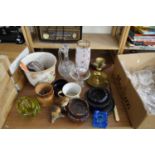 MIXED LOT VARIOUS ORNAMENTS, GLASS VASES, BRASS CHAMBER STICK AND OTHER ITEMS