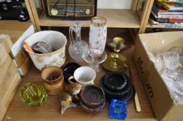 MIXED LOT VARIOUS ORNAMENTS, GLASS VASES, BRASS CHAMBER STICK AND OTHER ITEMS