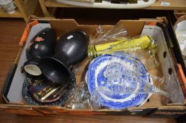 BOX OF DRINKING GLASSES, CERAMIC VASES, DECORATED PLATES ETC