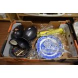 BOX OF DRINKING GLASSES, CERAMIC VASES, DECORATED PLATES ETC