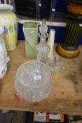 MIXED LOT VARIOUS GLASS VASES, DECANTERS, BOWLS ETC