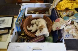 VARIOUS TOY ANIMALS TO INCLUDE VINTAGE SOFT TOY DOGS IN BASKETS AND VARIOUS OTHER HOUSEHOLD ITEMS