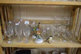 MIXED LOT VARIOUS CLEAR DRINKING GLASSES AND THREE BIRD ORNAMENTS