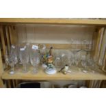 MIXED LOT VARIOUS CLEAR DRINKING GLASSES AND THREE BIRD ORNAMENTS